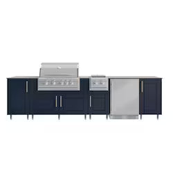 WeatherStrong Nassau 10.5 Ft Outdoor Kitchen Island w/ Blaze Propane Grill, Side Burner & Refrigerator – Sapphire Blue / Glacier Frost