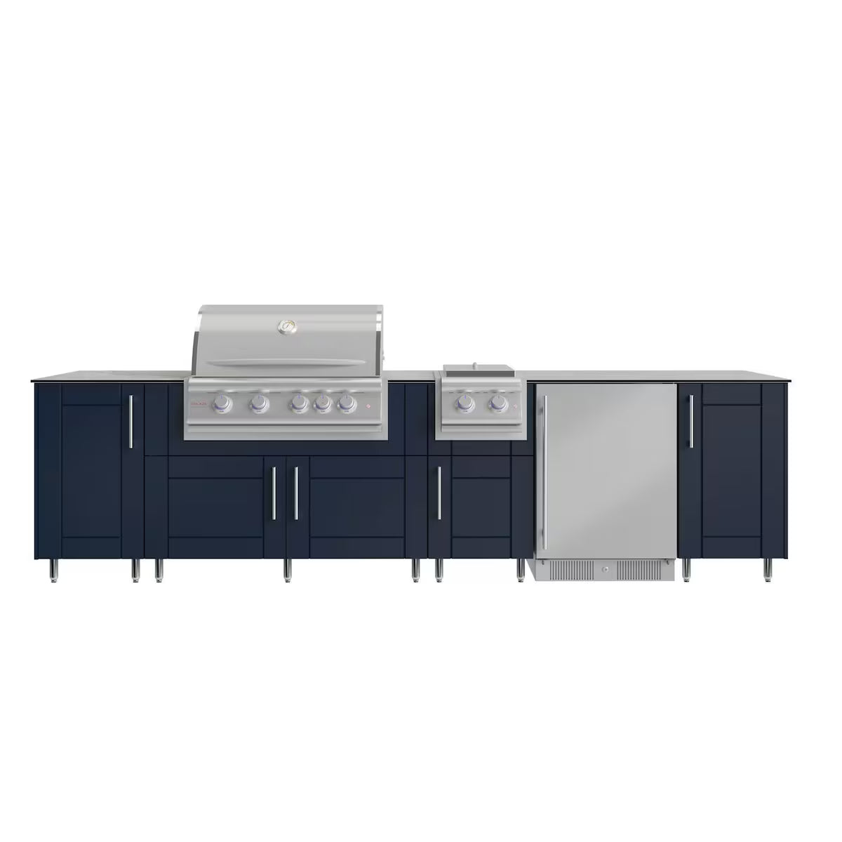 WeatherStrong Nassau 10.5 Ft Outdoor Kitchen Island w/ Blaze Propane Grill, Side Burner & Refrigerator – Sapphire Blue / Glacier Frost