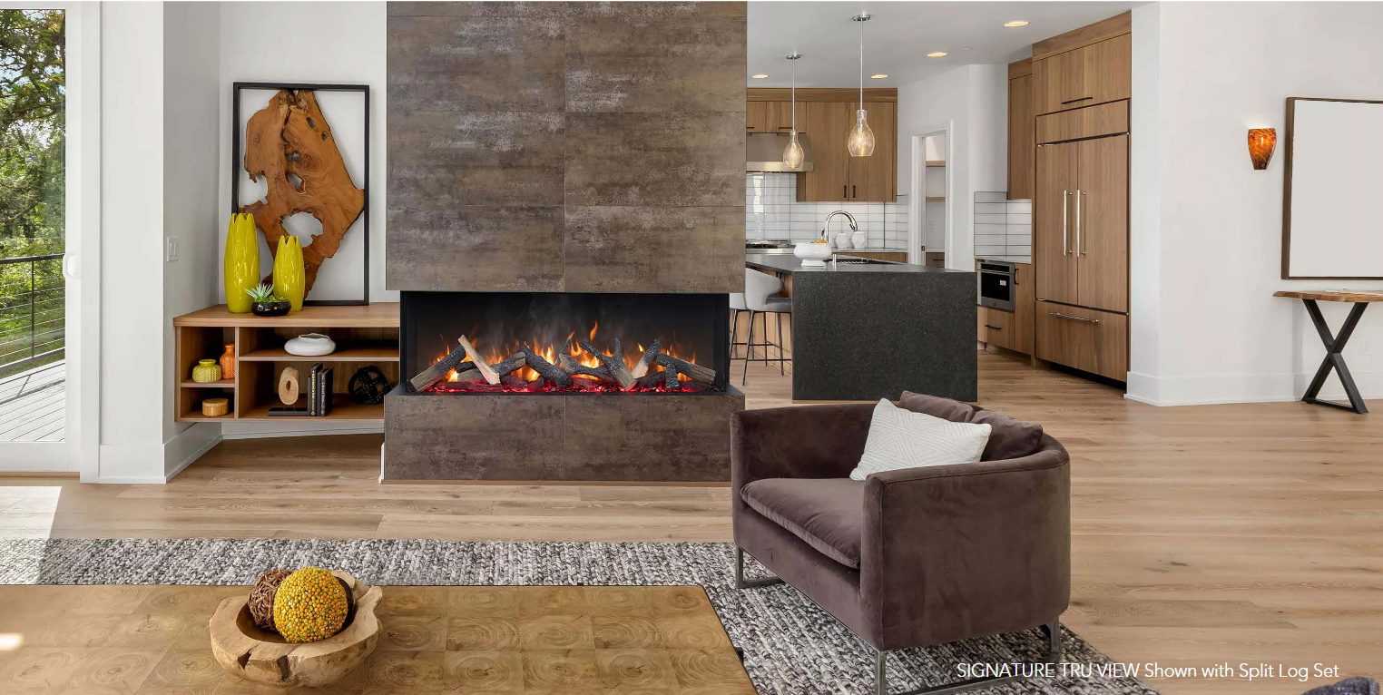 Amantii Signature TruView Series 3-Sided Glass Electric Fireplace – Modern, Panoramic Design with Realistic Flame Effects
