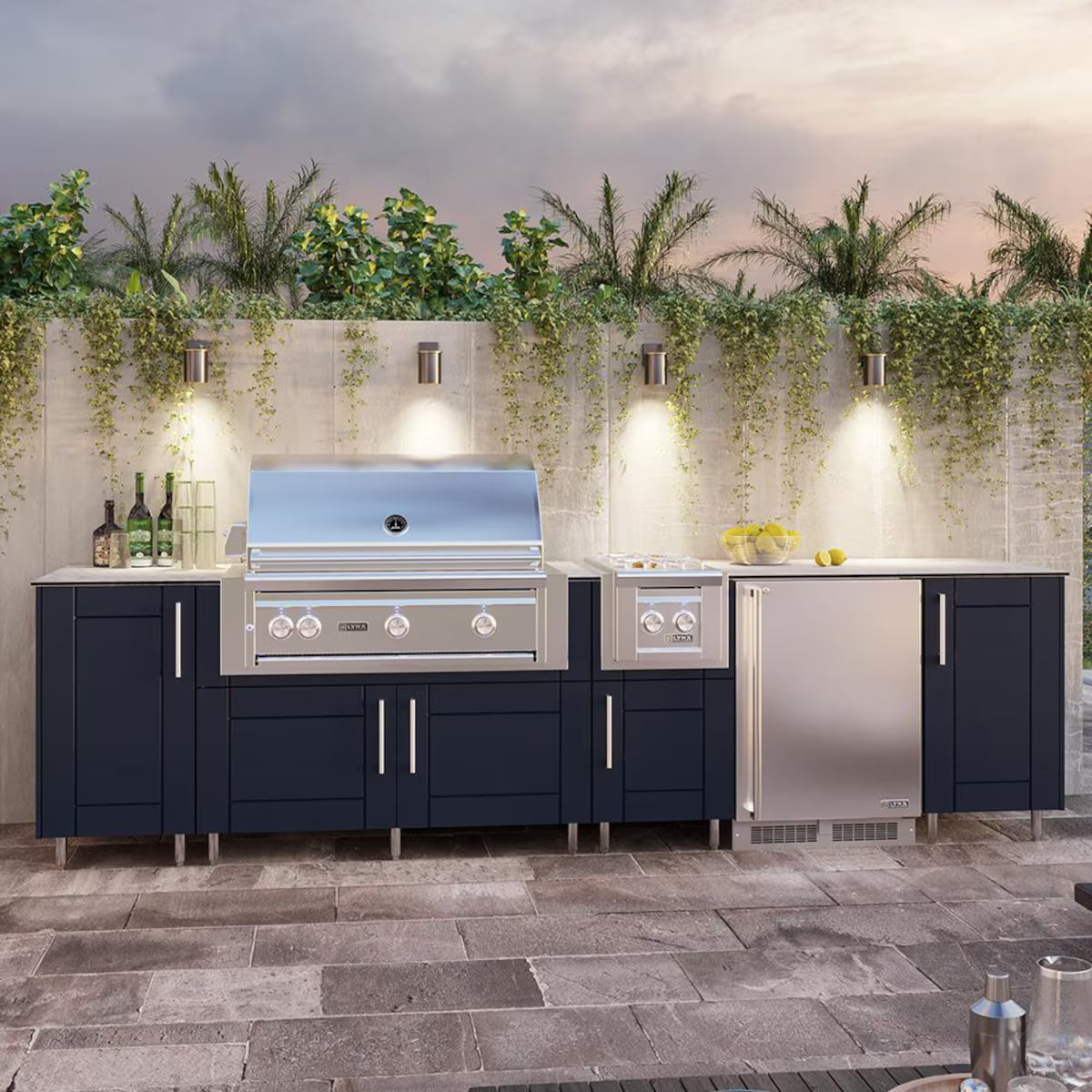 WeatherStrong Nassau 10.5 Ft Outdoor Kitchen Island w/ Blaze Propane Grill, Side Burner & Refrigerator – Sapphire Blue / Glacier Frost