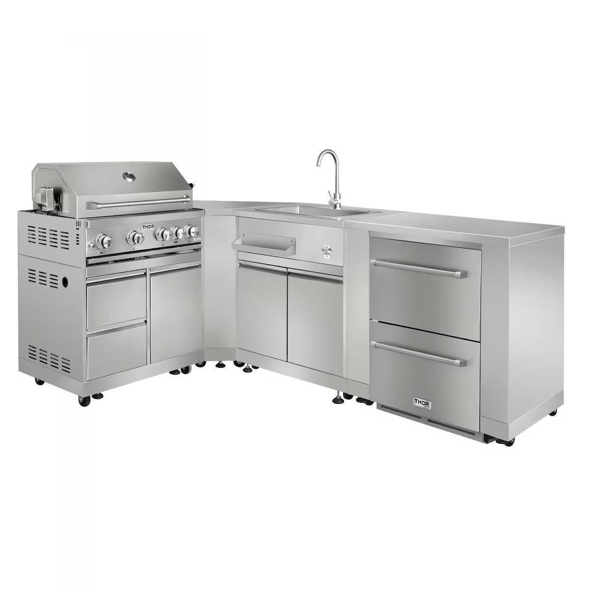 Thor Kitchen 6-Piece L-Shaped Modular Outdoor Kitchen Island Suite with 4-Burner Propane Gas Grill