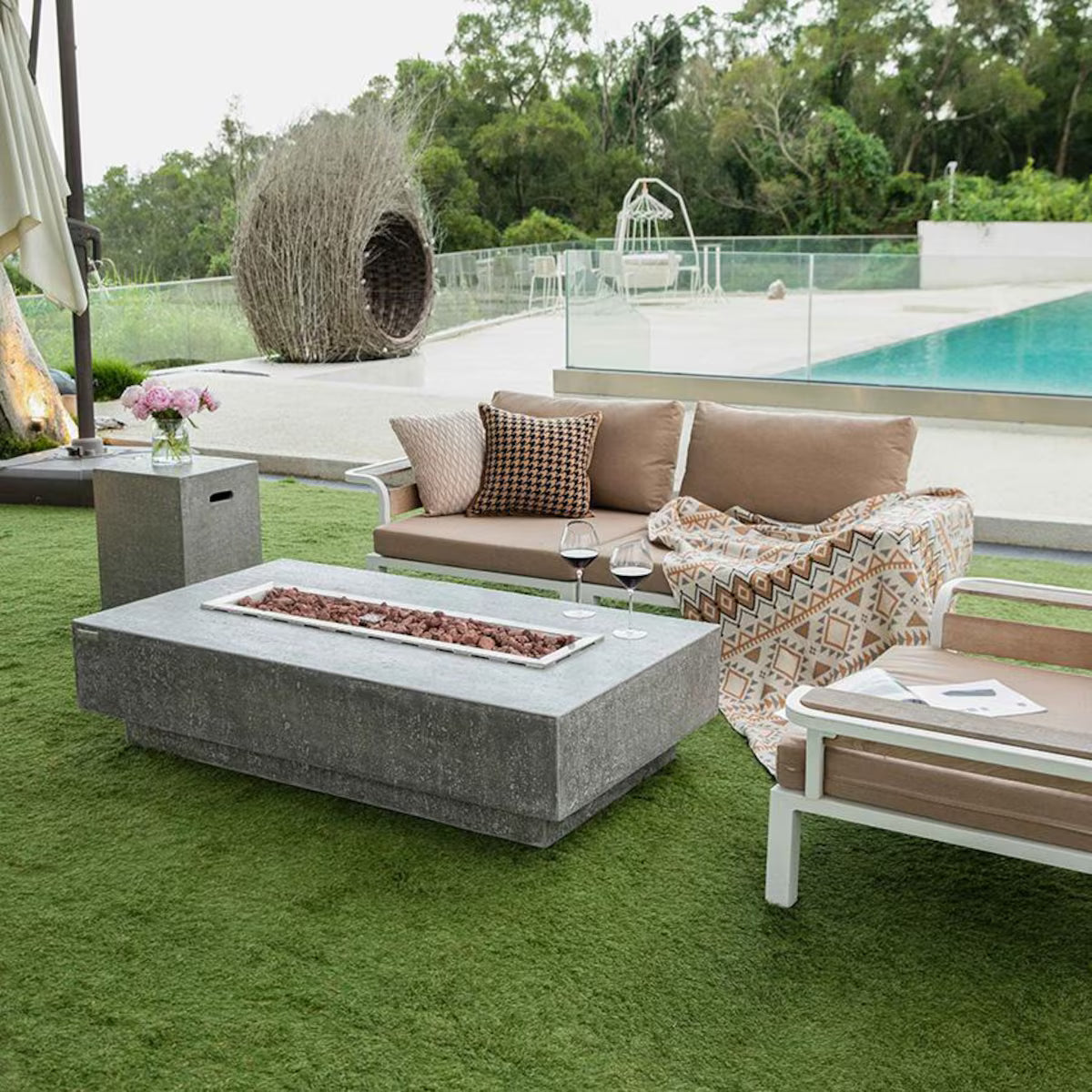 Hampton 56-Inch Rectangular Concrete Natural Gas Fire Pit in Light Gray by Elementi
