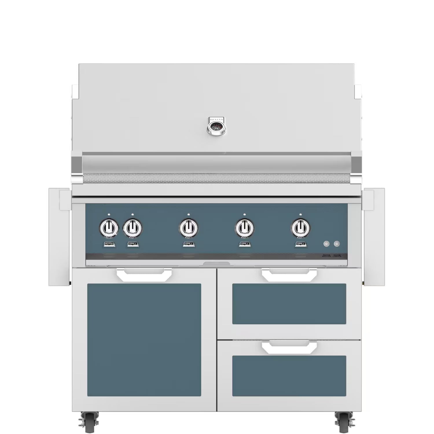 The Hestan 42-Inch Natural Gas Grill W/ Rotisserie On Double Drawer & Door Tower Cart - Pacific Fog - GABR42-NG-GG