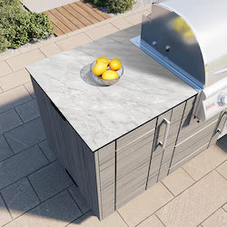 WeatherStrong Nassau 10.5 Ft Outdoor Kitchen Island w/ Blaze Propane Grill, Side Burner & Refrigerator – Sapphire Blue / Glacier Frost