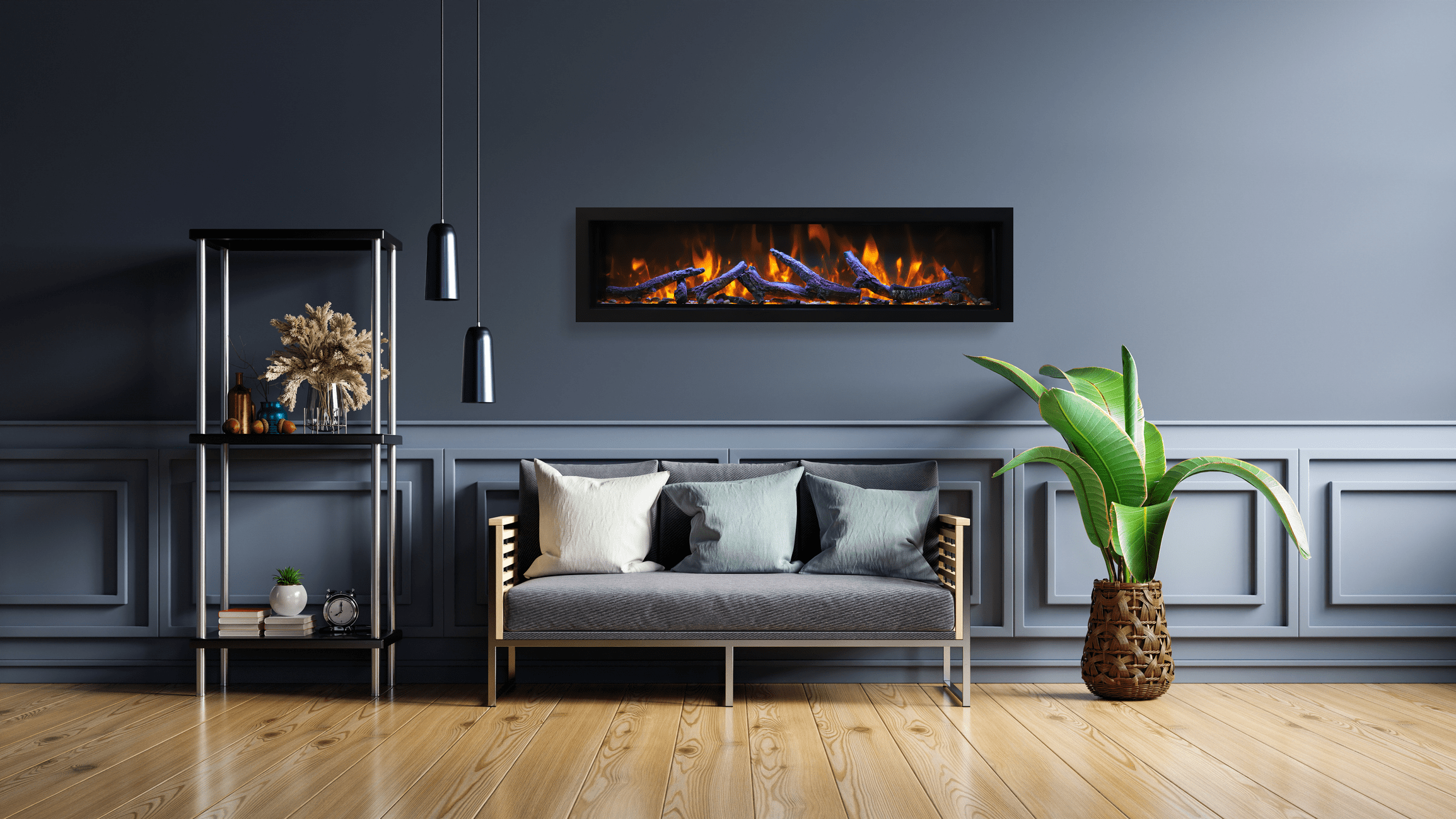 Amantii BI-DEEP-XT Electric Fireplace – Indoor & Outdoor Built-In Fireplace with Black Steel Surround