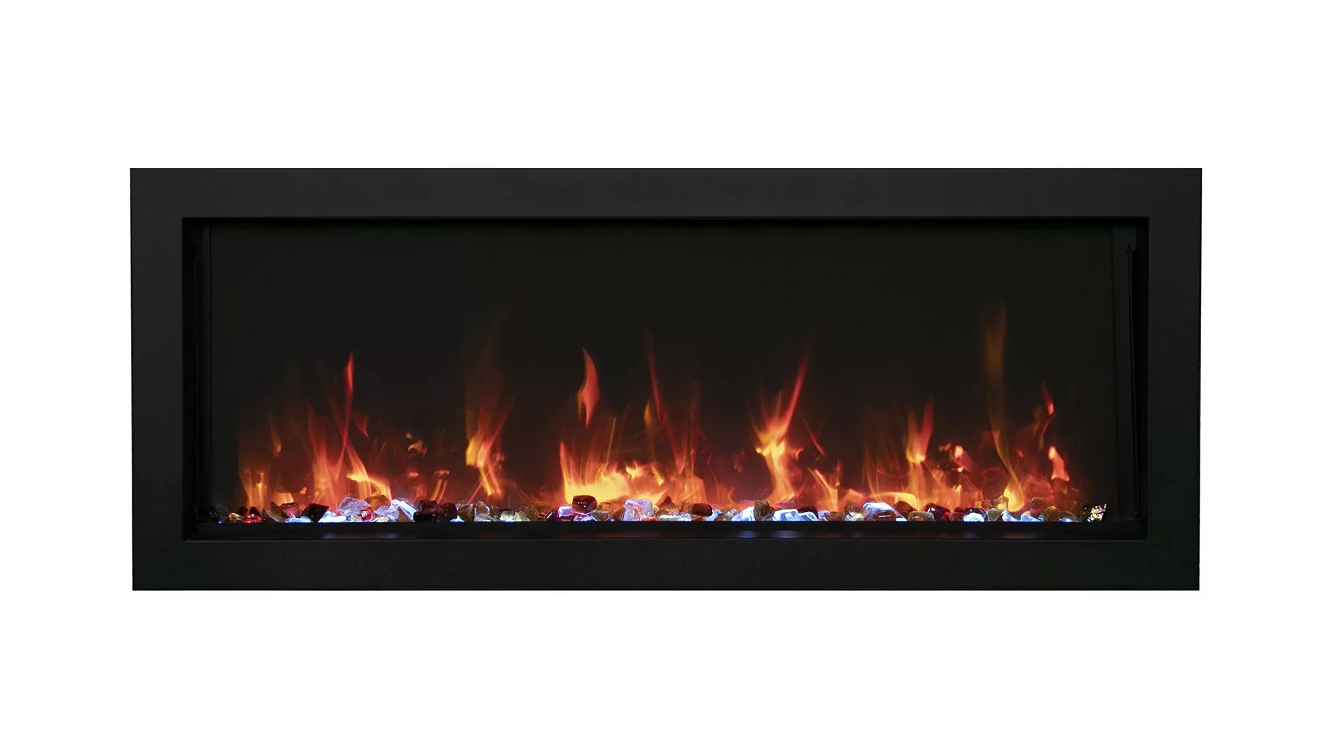 Amantii BI Extra Slim Indoor or Outdoor Built-In Electric Fireplace with black steel surround