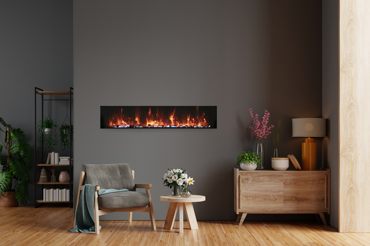 Amantii BI Extra Slim Indoor or Outdoor Built-In Electric Fireplace with black steel surround
