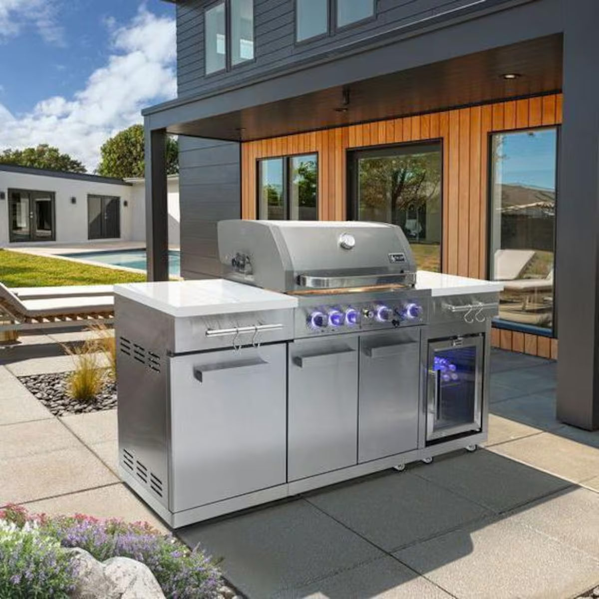 Mont Alpi Compact Series 6 Ft Natural Gas Outdoor Kitchen Island with Fridge – Stainless Steel (Ships Propane with Conversion Kit)