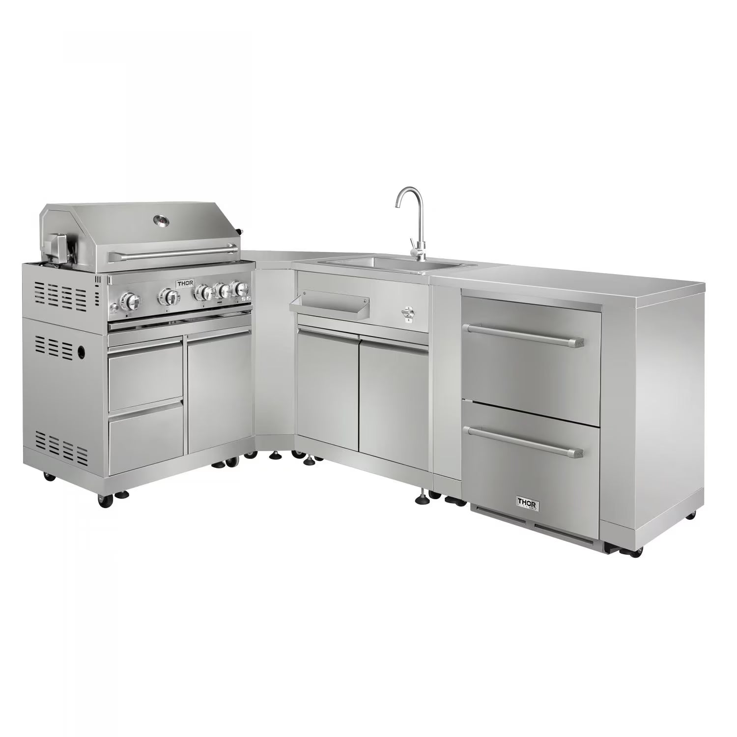 Thor Kitchen 6-Piece L-Shaped Modular Outdoor Kitchen Island Suite with 4-Burner Propane Gas Grill