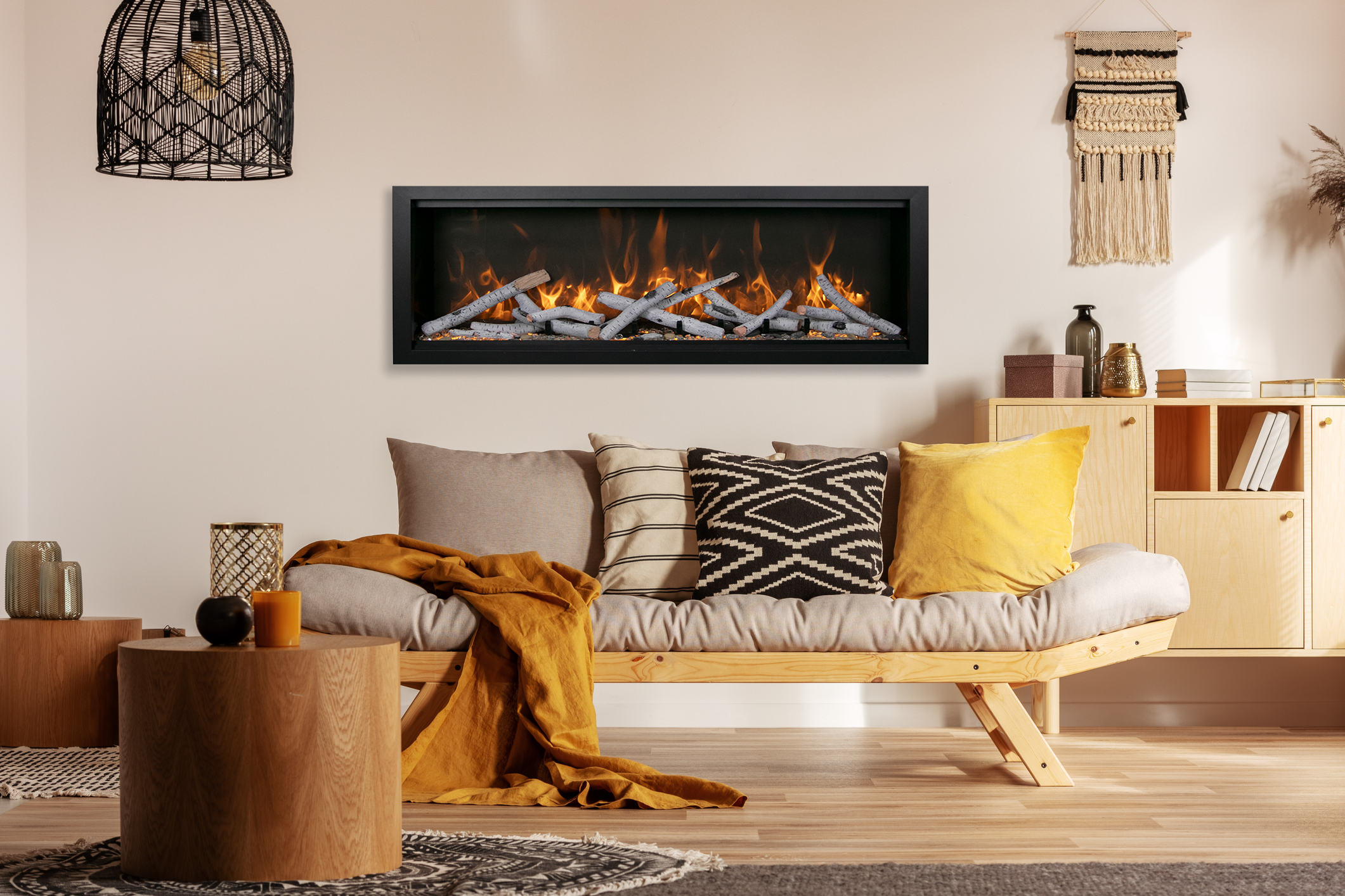 Amantii Symmetry BESPOKE Electric Fireplace – Built-in with log and glass and black steel surround